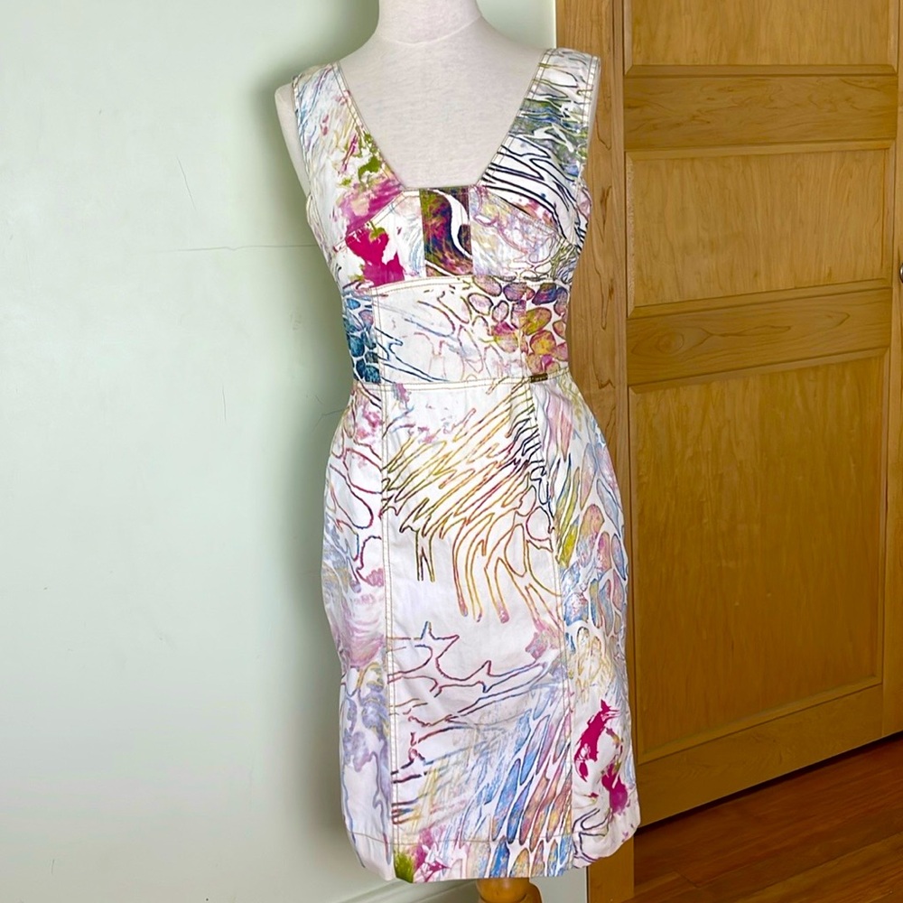 🇮🇹  Vintage Cappopera White Denim Tye Dye Sleeveless Bodycon Dress, Size 10